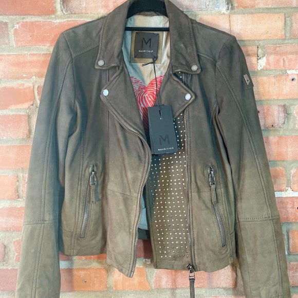 Mauritius Medium Olive Green Studded Leather Jacket - Picture 2 of 6